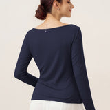 Wool Side Ruched Boat Neck Stretch Top VIVIEN