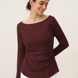 Wool Side Ruched Boat Neck Stretch Top VIVIEN
