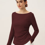Wool Side Ruched Boat Neck Stretch Top VIVIEN