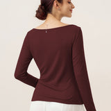 Wool Side Ruched Boat Neck Stretch Top VIVIEN
