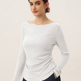 Wool Side Ruched Boat Neck Stretch Top VIVIEN