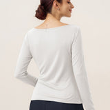 Wool Side Ruched Boat Neck Stretch Top VIVIEN