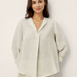 Linen-Lyocell Striped Lapel Inverted Pleat Pullover Top MARGOT