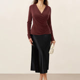 Wool Lyocell Asymmetric Ruched Overlap V-Neck Top TILLY