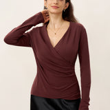 Wool Lyocell Asymmetric Ruched Overlap V-Neck Top TILLY