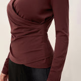 Wool Lyocell Asymmetric Ruched Overlap V-Neck Top TILLY
