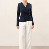 Wool Lyocell Asymmetric Ruched Overlap V-Neck Top TILLY