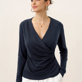 Wool Lyocell Asymmetric Ruched Overlap V-Neck Top TILLY