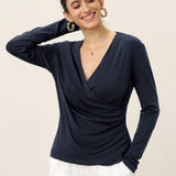Wool Lyocell Asymmetric Ruched Overlap V-Neck Top TILLY