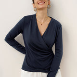 Wool Lyocell Asymmetric Ruched Overlap V-Neck Top TILLY