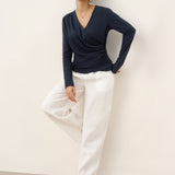 Wool Lyocell Asymmetric Ruched Overlap V-Neck Top TILLY