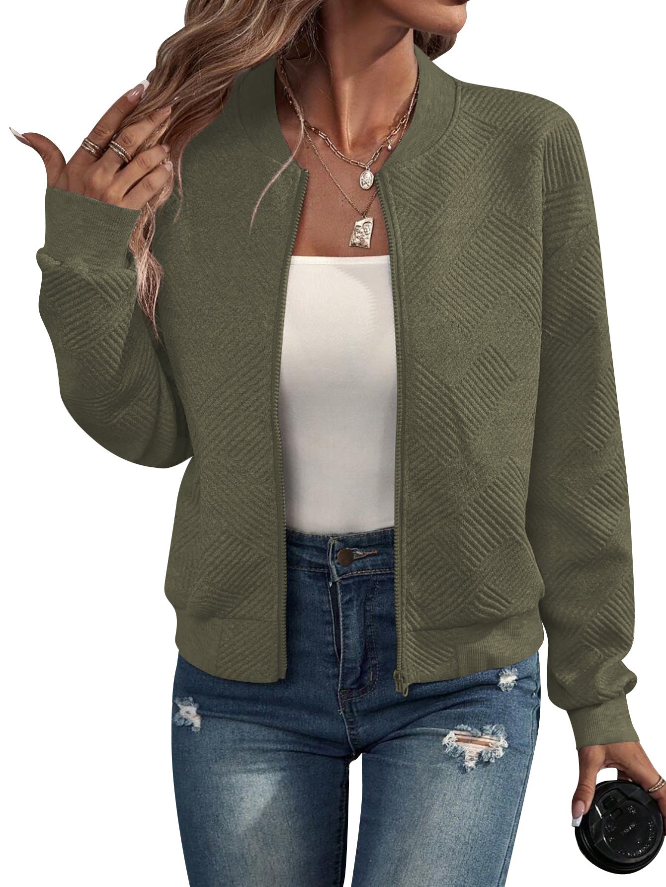 Dora – Strukturovaná bomber bunda na zip, barva: khaki zelená