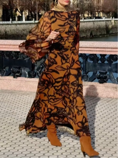 Petra – Hnědé dlouhé plážové šaty s potiskem Glamour