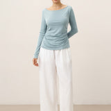 Wool Side Ruched Boat Neck Stretch Top VIVIEN