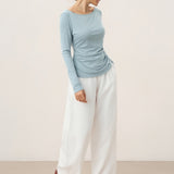 Wool Side Ruched Boat Neck Stretch Top VIVIEN