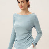 Wool Side Ruched Boat Neck Stretch Top VIVIEN