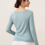 Wool Side Ruched Boat Neck Stretch Top VIVIEN