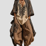 Salla – Dvoubarevný komplet v boho stylu s lněným vzhledem, barva: hnědá