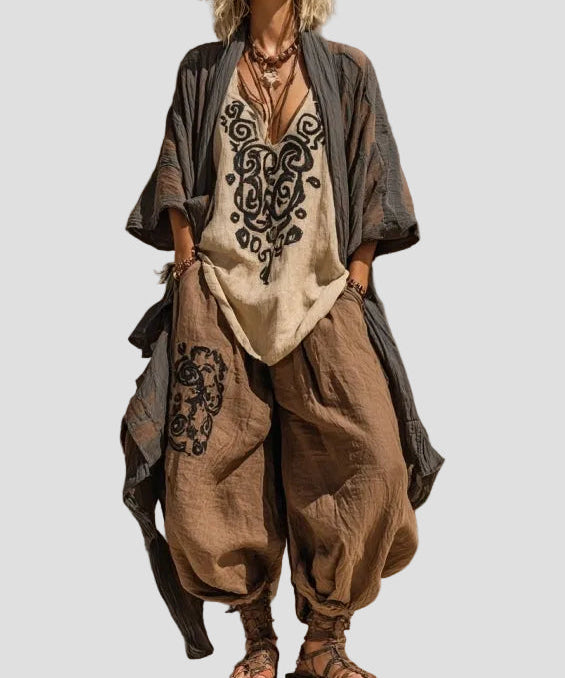 Salla – Dvoubarevný komplet v boho stylu s lněným vzhledem, barva: hnědá