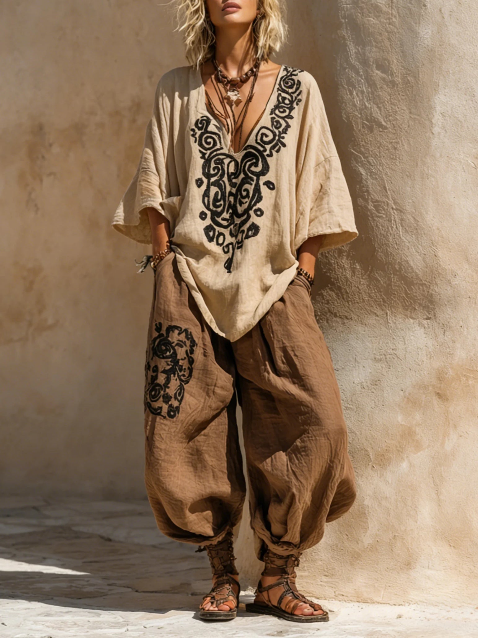 Salla – Dvoubarevný komplet v boho stylu s lněným vzhledem