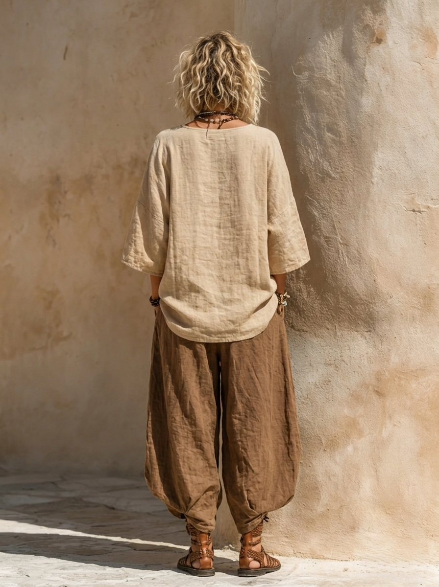 Salla – Dvoubarevný komplet v boho stylu s lněným vzhledem