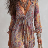 Ash - Paisley mintás, V-nyakú, ráncolt sifon maxiruha