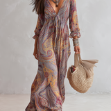 Ash - Paisley mintás, V-nyakú, ráncolt sifon maxiruha