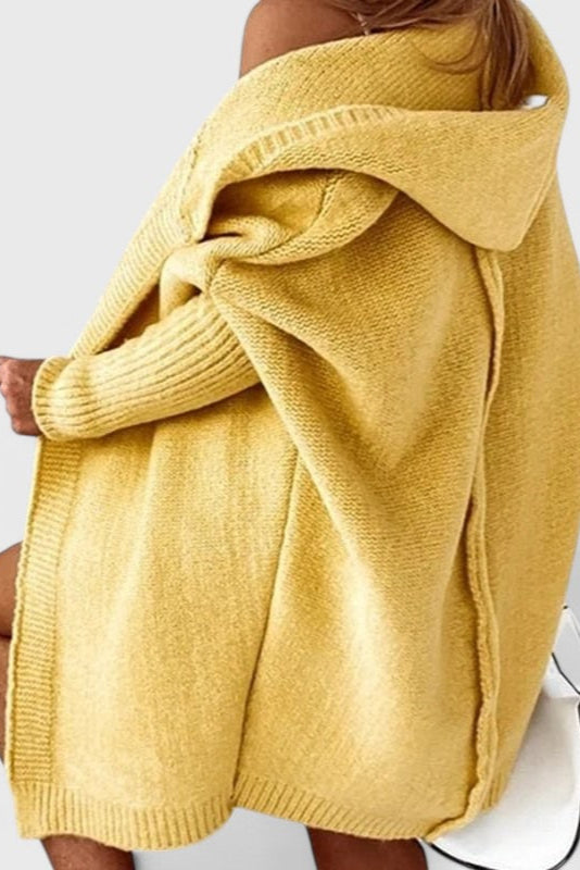 Pletený oversize cardigan s kapucí, barva: žlutá