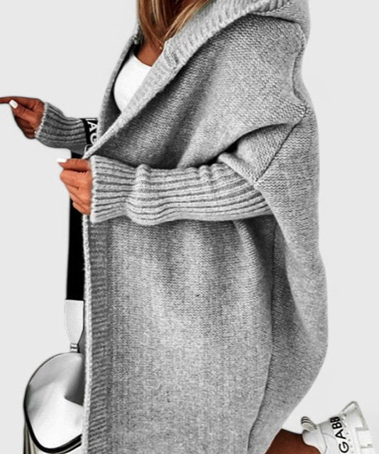 Pletený oversize cardigan s kapucí, barva: šedá