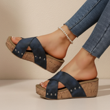 Eva-Marlene – Korkové sandály v boho stylu, barva: námořnická modrá