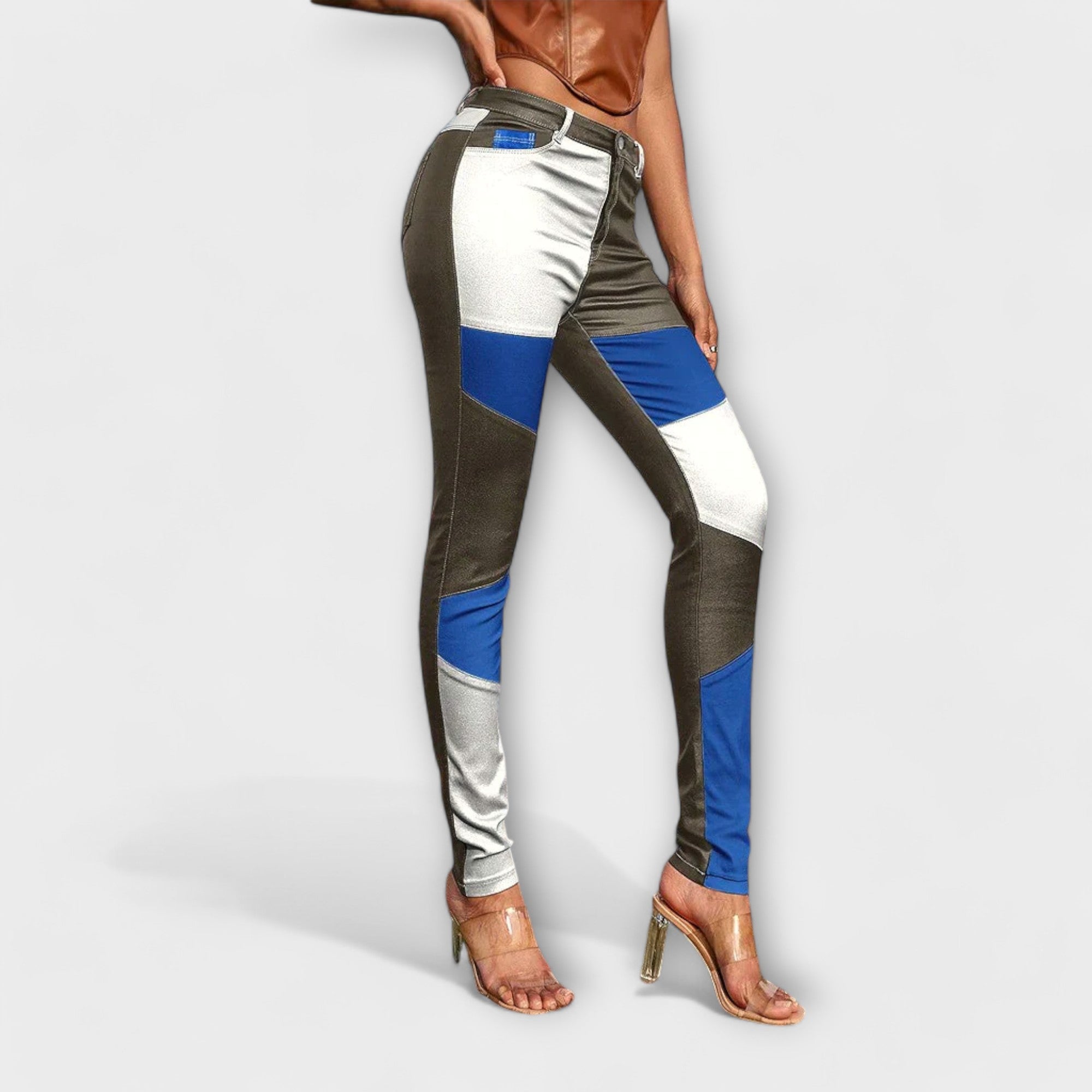 Lykke - Barevné skinny kalhoty s potiskem, barva: modrá