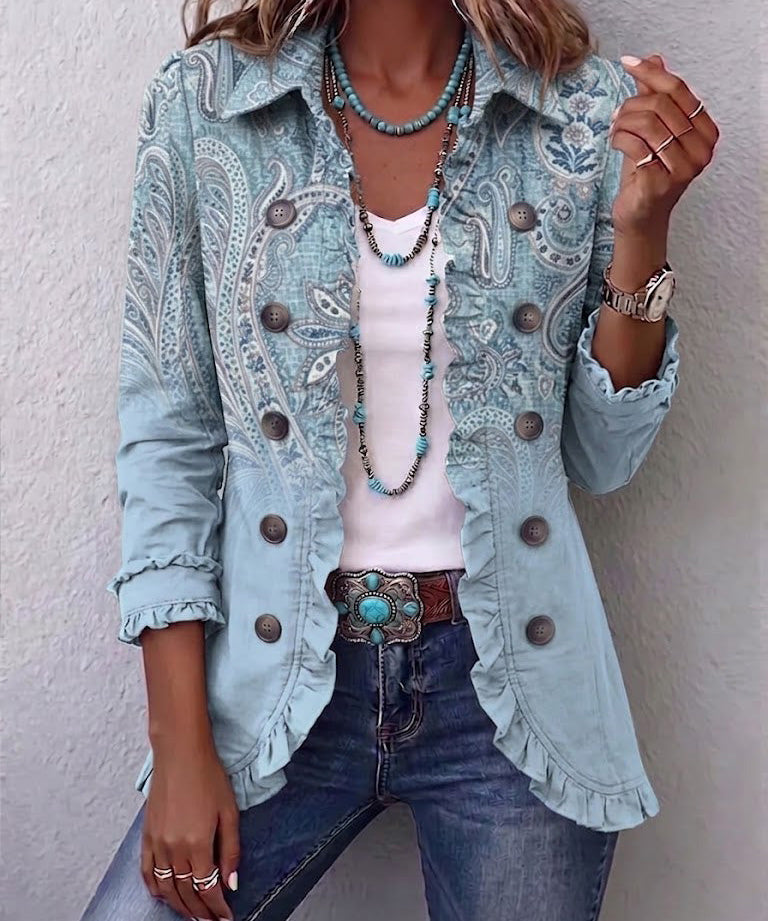 Estrella™ – Bunda s volány a vintage potiskem paisley, barva: nebesky modrá
