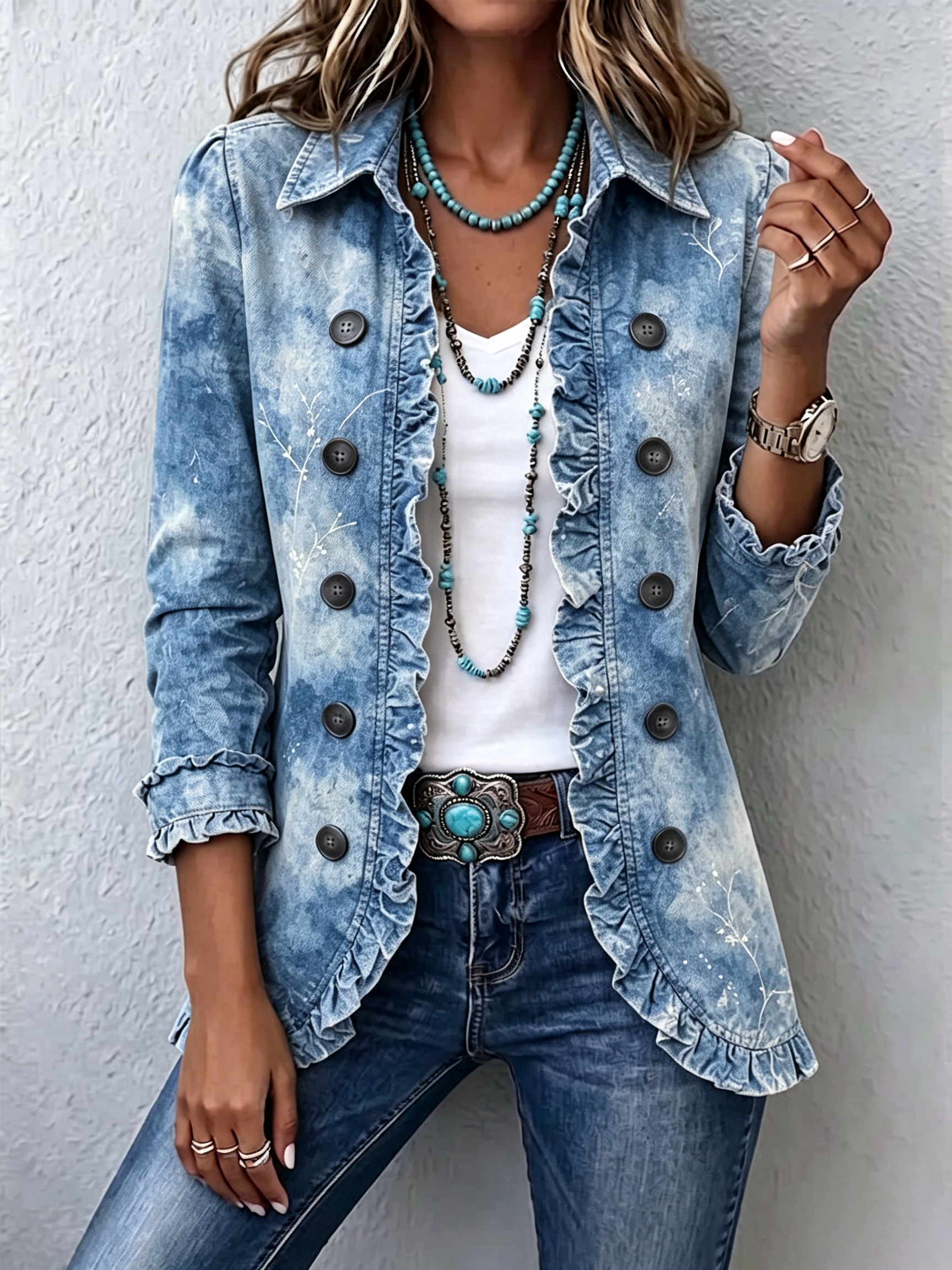 Jemison™ – Vintage boho bunda s botanickým přechodovým potiskem a volány, barva: modrá