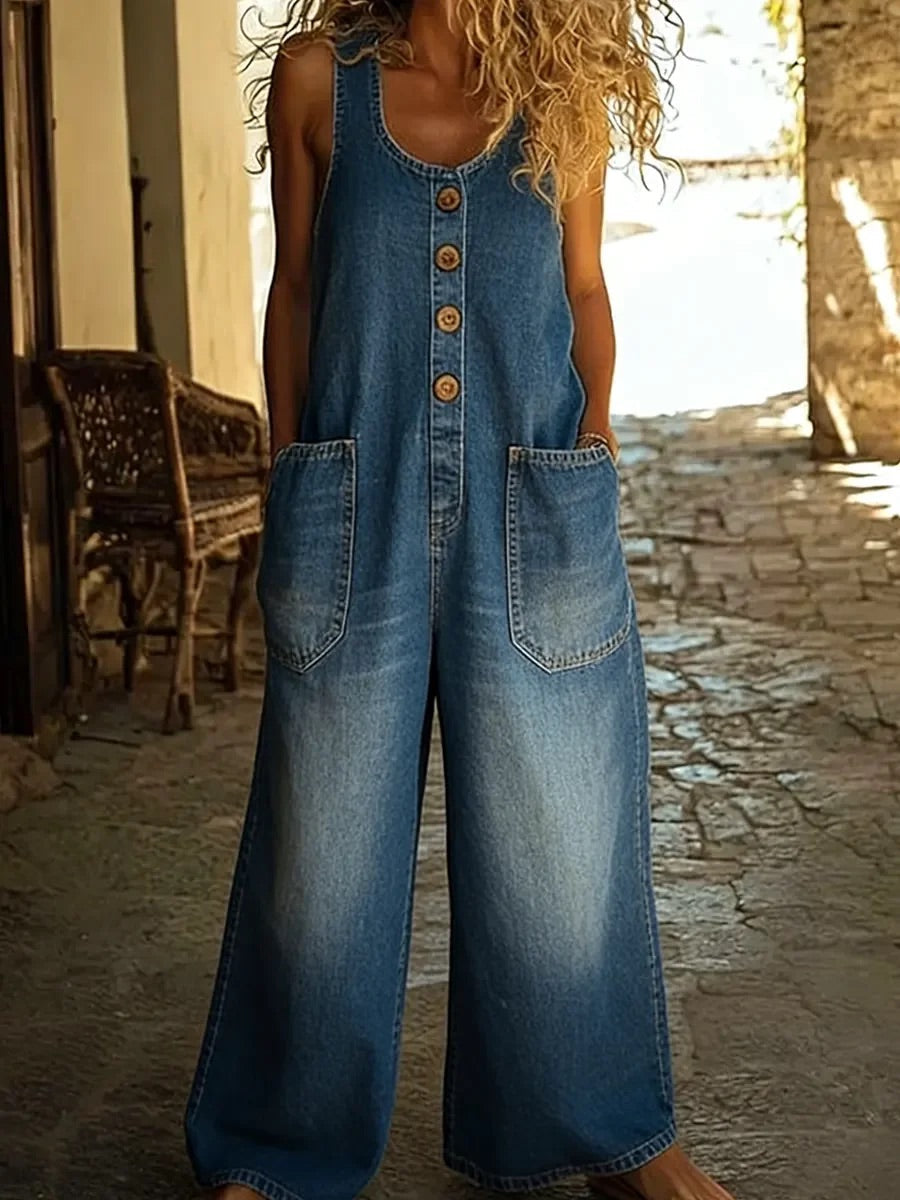 Graça - Vintage overal z praného bavlněného denimu, barva: modrá